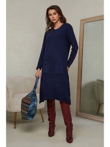 Joséfine Sukienka dzianinowa "Mahony" w kolorze granatowym rozmiar: S. Niebieskie sukienki Joséfine, na co dzień, s, bez wzorów, z dzianiny, bez kołnierzyka, bez ramiączek, midi, proste. Za 195,99 zł.