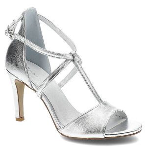 Sandały damskie Maciejka, wykonane ze skóry naturalnej licowej z metalicznym wykończeniem z krzyżującymi się paskami odkrytym przodem i smukłym obcas. Szare sandały Maciejka, bez wzorów, ze skóry, z otwartym noskiem, bez obcasa, na obcasie, bez zapięcia. Za 239,00 zł.