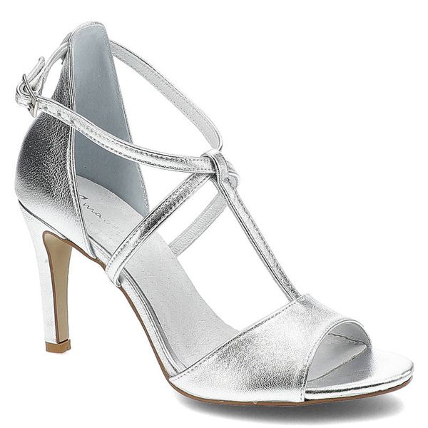 Sandały damskie Maciejka, wykonane ze skóry naturalnej licowej z metalicznym wykończeniem z krzyżującymi się paskami odkrytym przodem i smukłym obcas. Szare sandały Maciejka, bez wzorów, ze skóry, z otwartym noskiem, bez obcasa, na obcasie, bez zapięcia. Za 239,00 zł.