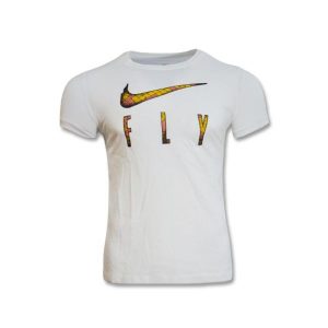 Koszulka Nike Swoosh Fly Seasonal T-shirt Wmns. Białe bluzki Nike, l, bez wzorów, sportowe, bez kołnierzyka, bez ramiączek. Za 89,00 zł.