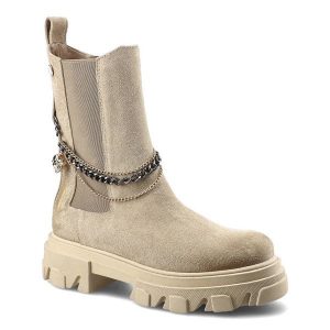 Botki damskie Carinii, naturalna skóra zamszowa z wysoką cholewką z gumowymi ściągaczami i ozdobnymi łańcuchami całość na płaskiej podeszwie, beżowe,. Brązowe botki Carinii, bez wzorów, z gumy, przed kolano, bez obcasa, na płaskiej podeszwie, bez zapięcia. Za 355,00 zł.