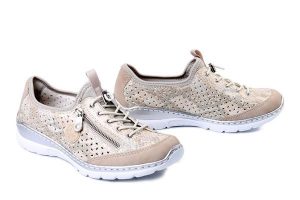 RIEKER L3252-92 gold, półbuty damskie. Żółte półbuty Rieker, na lato, bez wzorów, z gumy, bez obcasa, bez zapięcia. Za 359,90 zł.