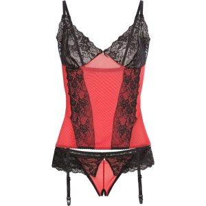 Top z paskami do pończoch + stringi "ouvert" (2 części) bonprix czarno-czerwony. Komplety bielizny marki bonprix. Za 74,99 zł.