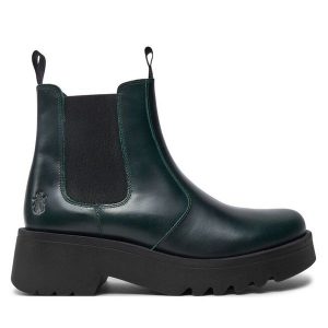 Sztyblety Fly London. Zielone botki Fly London, bez wzorów, bez obcasa, na płaskiej podeszwie, bez zapięcia. Za 579,99 zł.