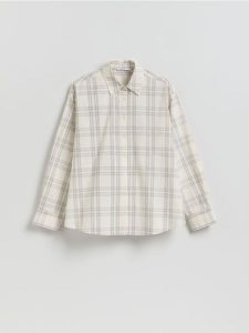 Bawełniana koszula w kratę - złamana biel. Koszule Reserved, l, bez wzorów, z bawełny, bez kołnierzyka, bez ramiączek. Za 139,99 zł.