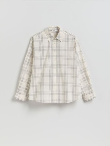 Bawełniana koszula w kratę - złamana biel. Koszule Reserved, l, bez wzorów, z bawełny, bez kołnierzyka, bez ramiączek. Za 139,99 zł.