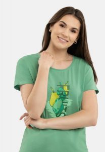 T-shirt z nadrukiem T-PEAR. Zielone t-shirty Volcano, xs, bez wzorów, bez kołnierzyka, bez ramiączek. Za 54,99 zł.