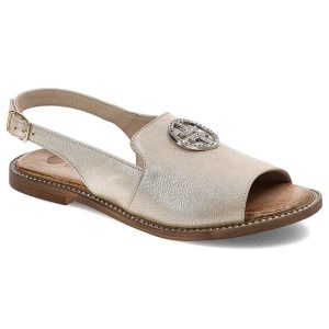 Złote Sandały Armodo Eleganckie Obuwie Damskie. Żółte sandały Armodo, z aplikacjami, ze skóry, bez obcasa, bez zapięcia. Za 289,00 zł.