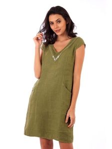 Lin Passion Lniana sukienka w kolorze khaki rozmiar: 34/36. Brązowe sukienki Lin Passion, z aplikacjami, klasyczne, bez kołnierzyka, bez ramiączek, midi, rozkloszowane. Za 130,99 zł.