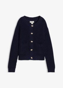 Gruby sweter z ozdobnymi guzikami. Niebieskie swetry klasyczne bonprix, bez kołnierzyka. Za 144,99 zł.