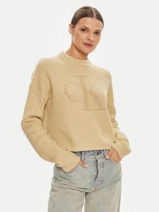 Calvin Klein Jeans Sweter Logo Intarsia J20J223615 Beżowy Relaxed Fit. Brązowe swetry klasyczne Calvin Klein Jeans, l, z bawełny, bez kołnierzyka. Za 299,99 zł.