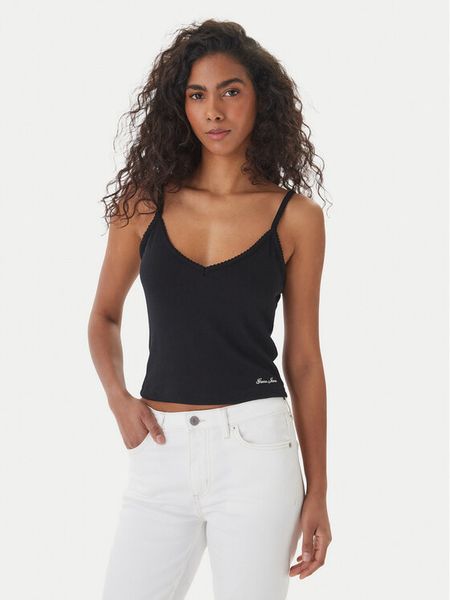 Guess Jeans Top W6GPB5 KG372 Czarny Regular Fit. Czarne topy Guess Jeans, xl, z aplikacjami, z jeansu, bez kołnierzyka, bez ramiączek. Za 129,99 zł.