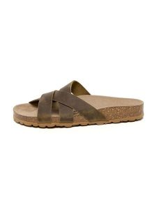 Billowy Skórzane klapki w kolorze khaki rozmiar: 36. Brązowe klapki Billowy, bez wzorów, z otwartym noskiem, bez obcasa. Za 152,99 zł.