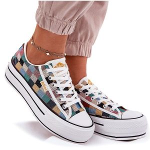 Wzorzyste Trampki Damskie Na Platformie Lee Cooper LCW-25-31-3441L Multikolor beżowy. Brązowe trampki bez wzorów, z materiału, bez zapięcia. Za 197,76 zł.