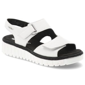 Sandały damskie Rieker, cholewka ze skóry naturalnej z materiałowym wnętrzem zapinane na rzep, białe, V1382-80. Białe sandały Rieker, bez wzorów, z materiału, bez obcasa, bez zapięcia. Za 329,00 zł.