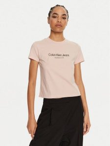 Calvin Klein Jeans T-Shirt J20J224914 Różowy Regular Fit. Czerwone t-shirty Calvin Klein Jeans, xs, bez wzorów, z bawełny, bez kołnierzyka, bez ramiączek. Za 99,99 zł.
