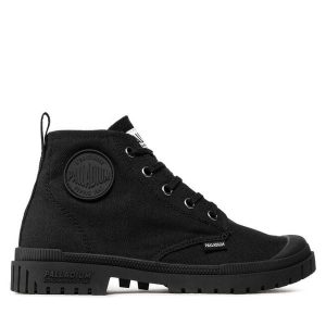 Trapery Palladium. Czarne buty zimowe Palladium, bez obcasa, bez zapięcia. Za 229,99 zł.
