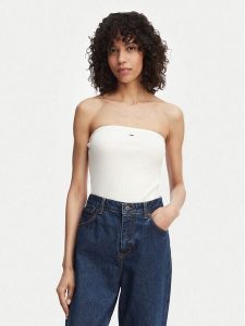 Tommy Jeans Top DW0DW22263 Biały Slim Fit. Białe topy Tommy Jeans, m, bez wzorów, z bawełny, bez kołnierzyka, bez ramiączek. Za 149,99 zł.