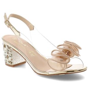 Sandały damskie S.Barski, zdobiony obcas elegancki model z profilowaną wkładką, złote, MR61-9012. Żółte sandały S.BARSKI, z aplikacjami, bez obcasa, na obcasie, bez zapięcia. Za 199,00 zł.