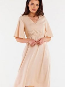 Sukienka Model A518 Beige - awama. Brązowe sukienki Awama, na lato, l, bez wzorów, z bawełny, bez kołnierzyka, bez ramiączek, dopasowane. Za 329,82 zł.