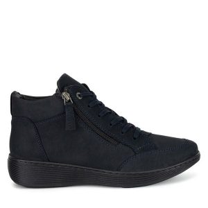 Botki Go Soft. Niebieskie botki Go Soft, bez wzorów, bez obcasa, na płaskiej podeszwie, bez zapięcia. Za 249,99 zł.