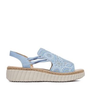 Sandały Rieker. Niebieskie sandały Rieker, bez wzorów, bez obcasa, na koturnie, bez zapięcia. Za 339,99 zł.