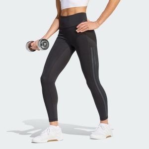 Legginsy Optime Workout 3-Stripes 7/8. Czarne legginsy ADIDAS, bez wzorów, ze skóry, z podwyższonym stanem. Za 279,00 zł.