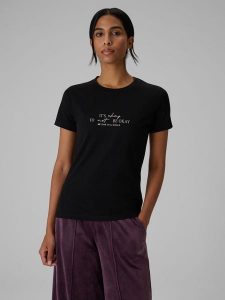 4F T-shirt slim z nadrukiem damski - czarny XXL. Czarne t-shirty 4f, m, bez wzorów, z bawełny, bez kołnierzyka, bez ramiączek. Za 59,99 zł.