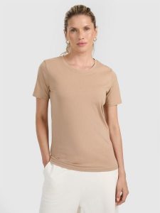 4F T-shirt regular gładki damski - beżowy L. Brązowe t-shirty 4f, l, bez wzorów, z bawełny, bez kołnierzyka, bez ramiączek. W wyprzedaży za 39,99 zł.