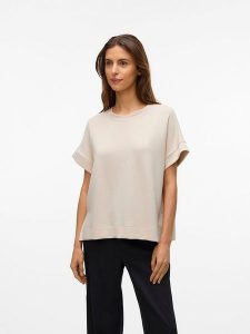 Vero Moda Koszulka w kolorze beżowym rozmiar: XS. Brązowe bluzki Vero Moda, xs, bez wzorów, bez kołnierzyka, bez ramiączek. Za 57,20 zł.