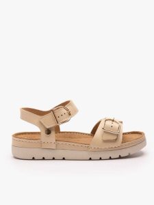 Beżowe sandały na grubszym spodzie z dwoma paskami. Brązowe sandały Ryłko, bez wzorów, ze skóry, z okrągłym noskiem, bez obcasa, na obcasie, bez zapięcia. Za 399,99 zł.