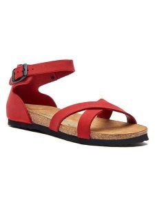 Comfortfusse Skórzane sandały w kolorze czerwonym rozmiar: 42. Czerwone sandały Comfortfüße, bez wzorów, z nubiku, z otwartym noskiem, bez obcasa, na koturnie, bez zapięcia. Za 217,99 zł.