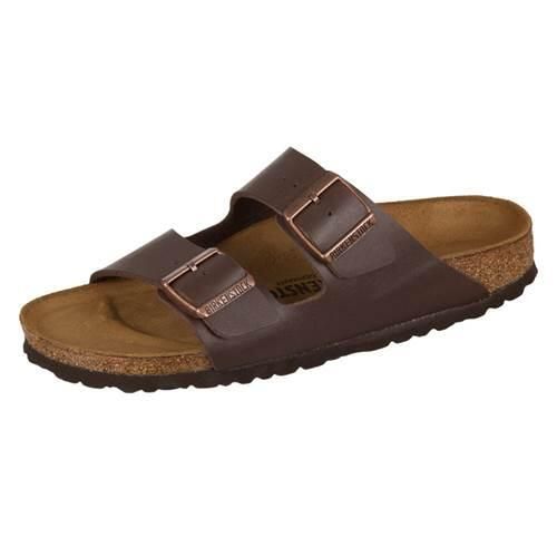 Klapki damskie Birkenstock Arizona Dunkelbraun Birkoflor. Brązowe klapki Birkenstock, bez wzorów, z materiału, bez obcasa. Za 380,66 zł.