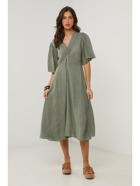 Le Monde du Lin Lniana sukienka w kolorze zielonym rozmiar: 40/42. Zielone sukienki Le Monde du Lin, bez wzorów, ze lnu, bez kołnierzyka, bez ramiączek, midi. Za 184,89 zł.