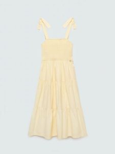 Sukienka damska midi na ramiączkach w drobne paseczki jasnożółta Gopisi 200. Żółte sukienki Big Star, l, bez wzorów, z bawełny, retro, bez kołnierzyka, bez ramiączek, maxi, dopasowane. Za 229,99 zł.