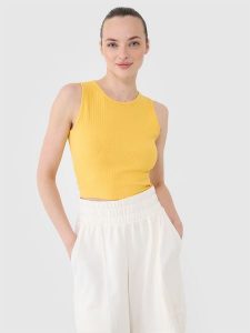 4F Crop top dzianinowy damski - żółty XL. Żółte topy 4f, xl, bez wzorów, z bawełny, sportowe, bez kołnierzyka, bez ramiączek. W wyprzedaży za 29,99 zł.