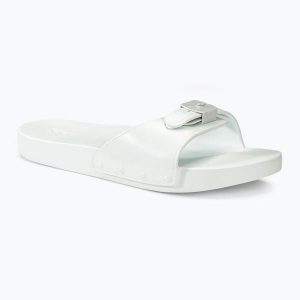 Klapki damskie Scholl Pescura Flat Aqua Eva. Białe klapki Scholl, bez wzorów, bez obcasa. Za 119,99 zł.