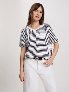 Cross Jeans Koszulka w kolorze biało-czarnym rozmiar: M. Białe bluzki Cross Jeans, m, bez wzorów, z jeansu, bez kołnierzyka, bez ramiączek. Za 74,63 zł.