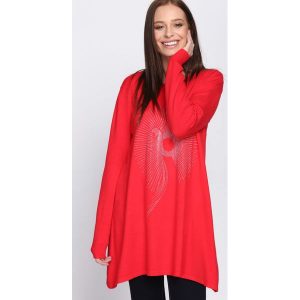 Czerwony Sweter Proportionate. Długie swetry marki Born2be. Za 39,99 zł.