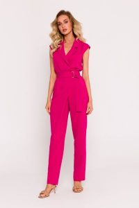 Fuksja Stylowy Kombinezon z Ozdobną Nogawką. Czerwone kombinezony MOE, l, bez wzorów, z elastanu, eleganckie, bez kołnierzyka, bez ramiączek. Za 369,90 zł.
