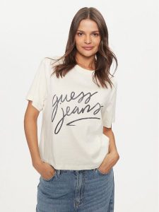 Guess Jeans T-Shirt W4BI54 K8HM0 Écru Boxy Fit. T-shirty Guess Jeans, l, z aplikacjami, z bawełny, bez kołnierzyka, bez ramiączek. Za 129,99 zł.