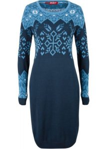Sukienka dzianinowa w norweski wzór. Niebieskie sukienki bonprix, bez wzorów, z dzianiny, bez kołnierzyka, bez ramiączek. Za 134,99 zł.