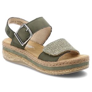 Sandały damskie Rieker, cholewka ze skóry naturalnej i materiału tekstylnego szeroki pasek z przodu, zielone, V0951-54. Zielone sandały Rieker, bez wzorów, ze skóry, bez obcasa, na koturnie, bez zapięcia. Za 349,00 zł.