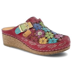 Klapki damskie Laura Vita, na koturnie kolorowy wzór kwiatowy regulowany pasek wygodna podeszwa casualowy styl, czerwone, 01 AJ180B-1. Czerwone klapki LAURA VITA, bez wzorów, bez obcasa, na koturnie. Za 339,00 zł.