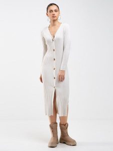 BIG STAR Sukienka w kolorze kremowym rozmiar: L. Brązowe sukienki Big Star, l, bez wzorów, prążkowane, retro, bez kołnierzyka, bez ramiączek, maxi. Za 144,99 zł.