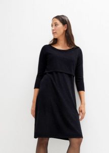 Sukienka 2 w 1 ciążowa i do karmienia piersią, z połyskującą nitką. Czarne sukienki bonprix, bez wzorów, bez kołnierzyka, moda ciążowa, bez ramiączek. Za 149,99 zł.