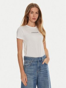 Guess Jeans T-Shirt W4YI01 J1314 Biały Slim Fit. Białe t-shirty Guess Jeans, xxl, z aplikacjami, z bawełny, bez kołnierzyka, bez ramiączek. Za 99,99 zł.