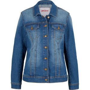 Kurtka dżinsowa ze stretchem, basic. Niebieskie kurtki bonprix, bez wzorów, bez kaptura. Za 142,99 zł.