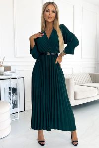 Elegancka Długa Sukienka z Plisowanym Dołem - Zielona. Zielone sukienki NUMOCO, uniwersalny, bez wzorów, z elastanu, eleganckie, bez kołnierzyka, bez ramiączek, maxi, plisowane. Za 178,90 zł.