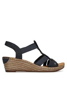 Rieker Sandały 62436-14 Granatowy. Niebieskie sandały Rieker, bez wzorów, z syntetyku, bez obcasa, na koturnie, bez zapięcia. Za 319,99 zł.